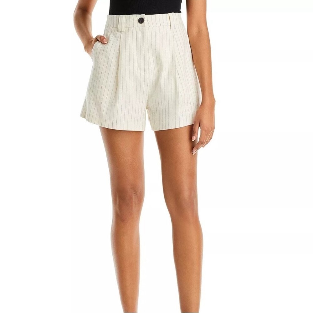 Rails Ilena Ivory Pinstripe Short Pleated Linen Blend Black Stripe Sz 14 NEW